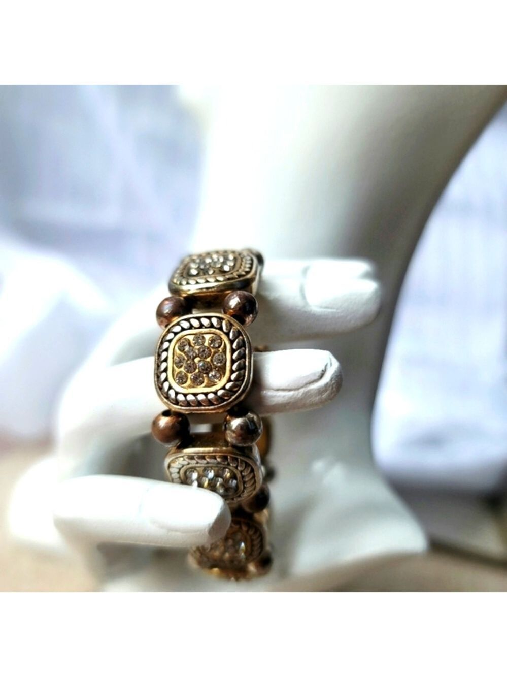 Vintage Gold-Toned Metal Button and Crystal Expandable Bracelet